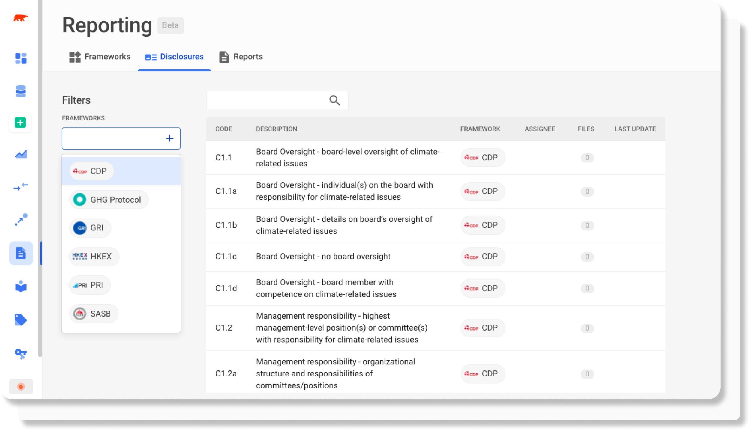 Screenshot of the Equilibrium AI app in desktop view, displaying a list view of disclosure reports
