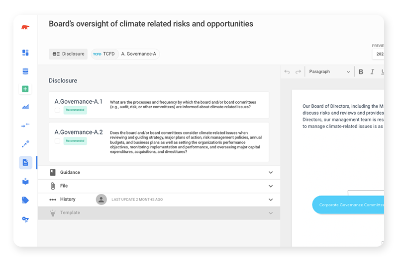 Screenshot of the Equilibrium AI app in desktop view, displaying information for a governance disclosure report