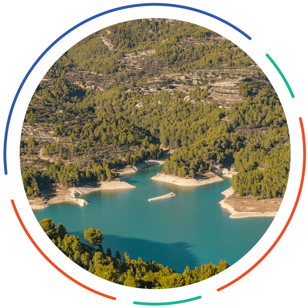 360 circle which shows forest around the sea